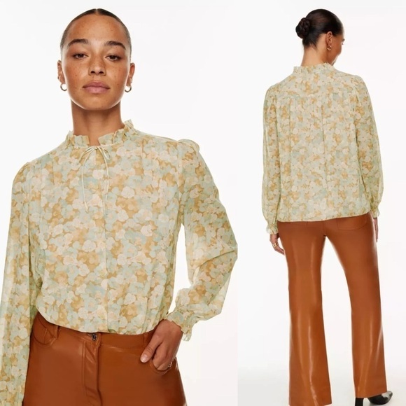 Wilfred x Aritzia Alexis Button-Up Ruffle Floral Chiffon Blouse Women's Size L - Picture 1 of 11